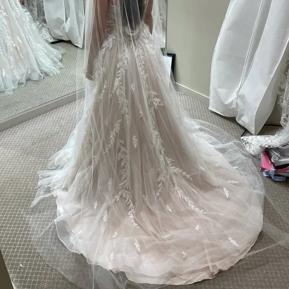 strapless lace wedding dress with train Strapless Sweetheart Lace Nude A-line Destination Wedding Dress, Nude Pink
